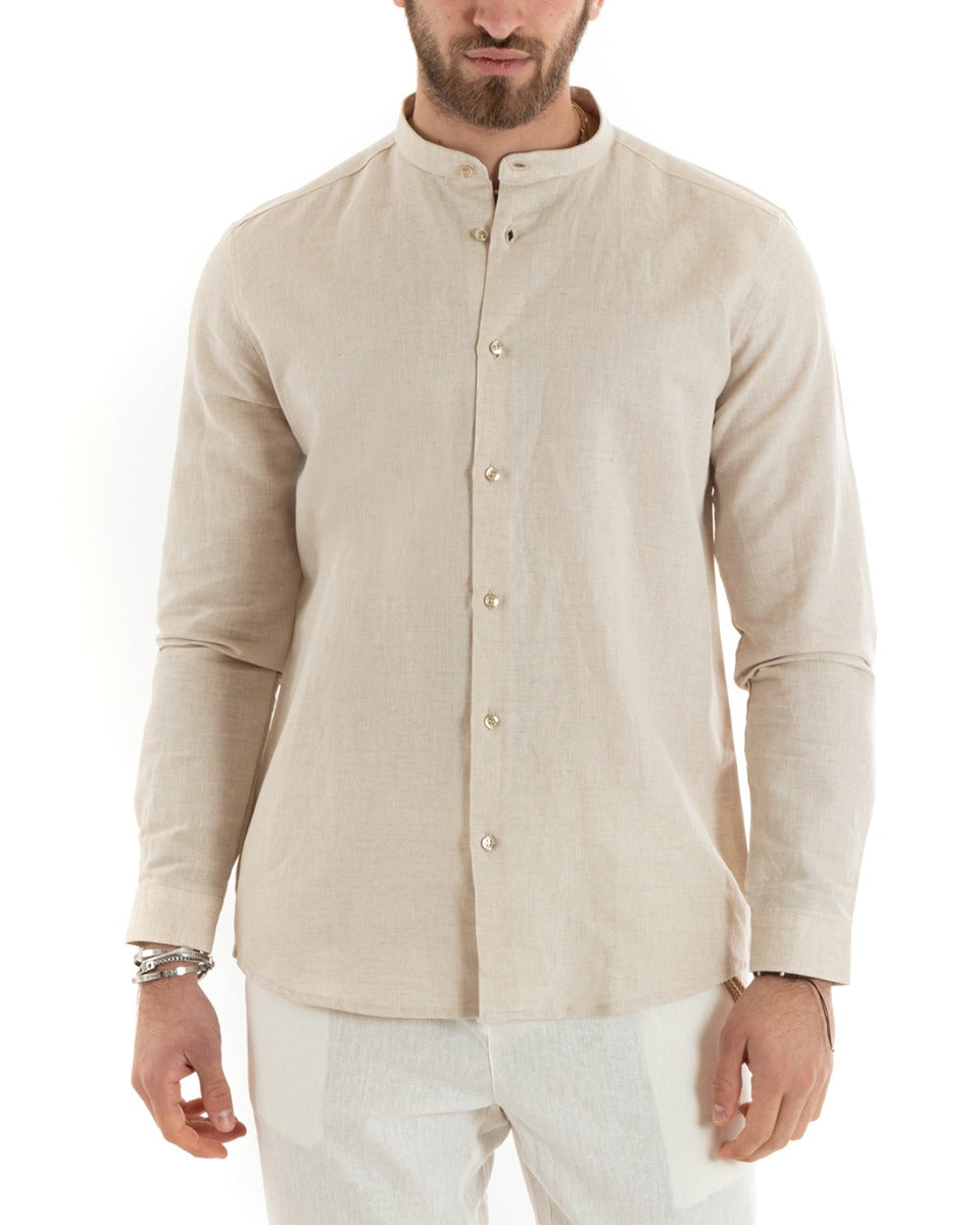 Camicia Uomo Lino Collo Coreano Sartoriale Morbida Tinta Unita Beige GIOSAL-C2675A