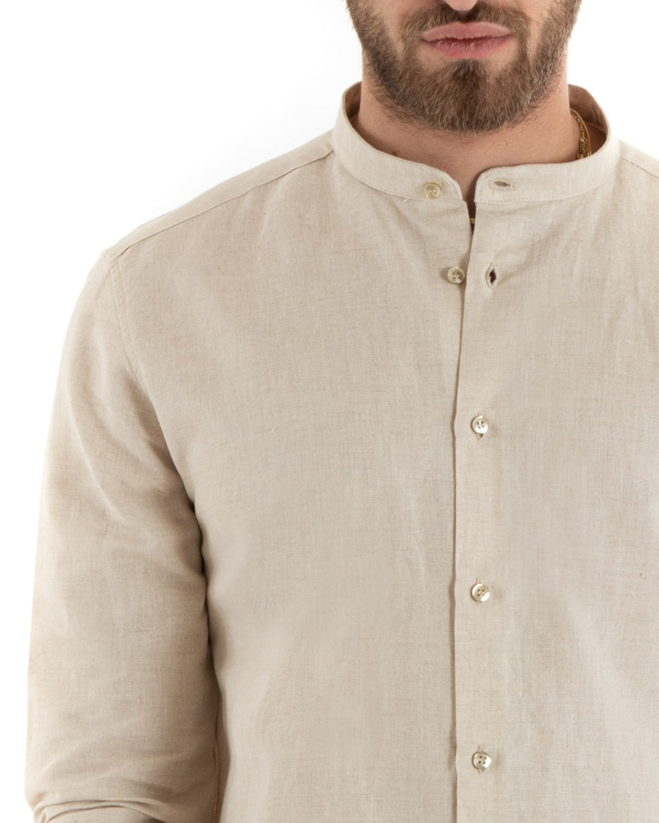 Camicia Uomo Lino Collo Coreano Sartoriale Morbida Tinta Unita Beige GIOSAL-C2675A