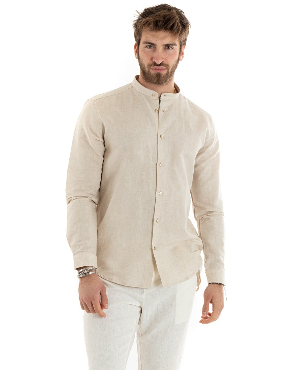 Camicia Uomo Lino Collo Coreano Sartoriale Morbida Tinta Unita Beige GIOSAL-C2675A