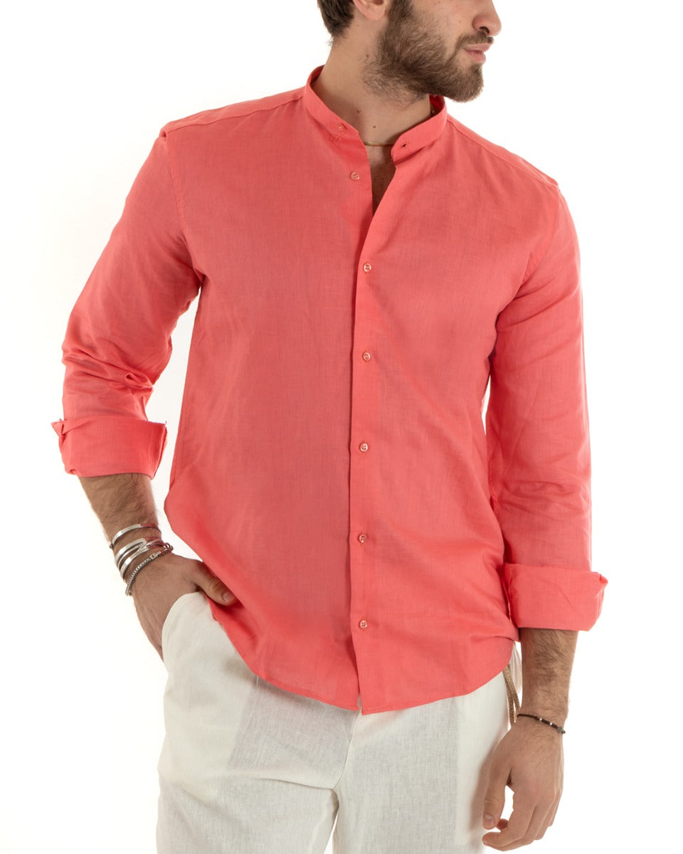 Camicia Uomo Lino Collo Coreano Sartoriale Morbida Tinta Unita Corallo GIOSAL-C2677A
