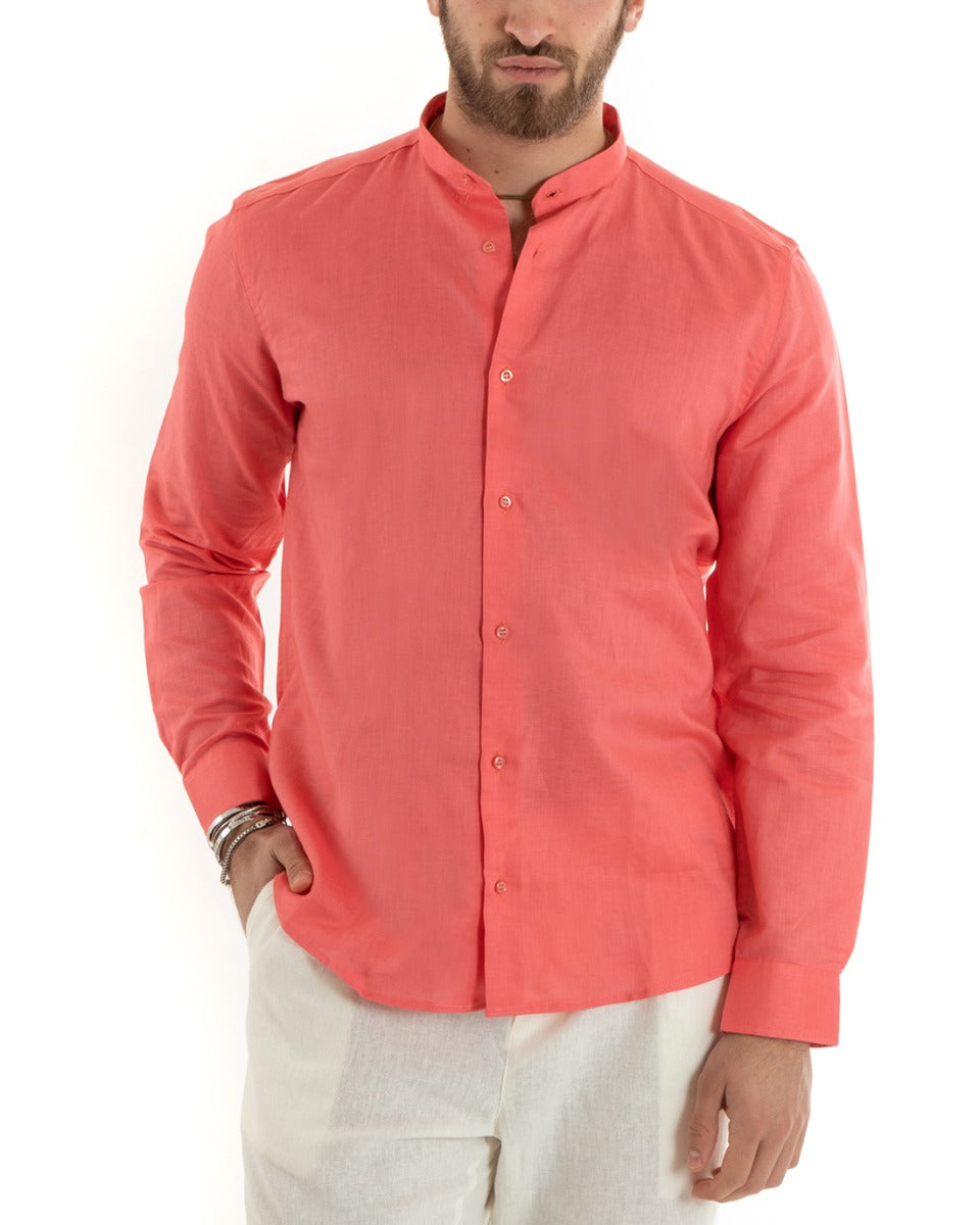 Camicia Uomo Lino Collo Coreano Sartoriale Morbida Tinta Unita Corallo GIOSAL-C2677A
