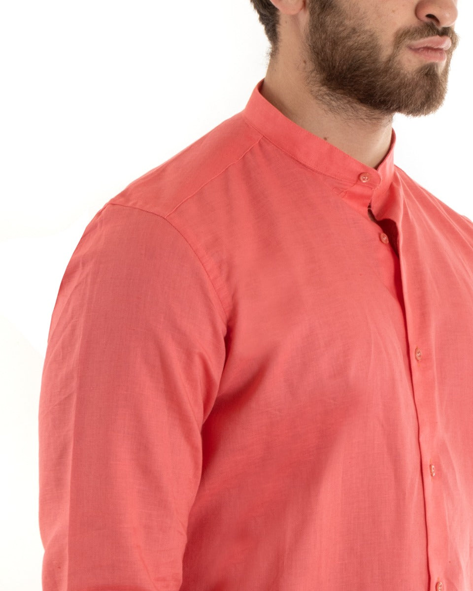 Camicia Uomo Lino Collo Coreano Sartoriale Morbida Tinta Unita Corallo GIOSAL-C2677A