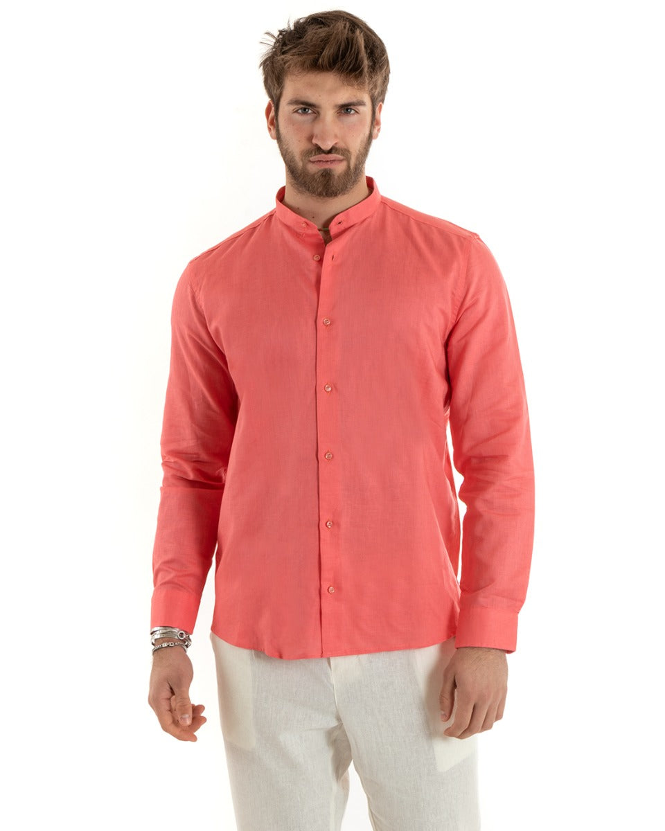 Camicia Uomo Lino Collo Coreano Sartoriale Morbida Tinta Unita Corallo GIOSAL-C2677A