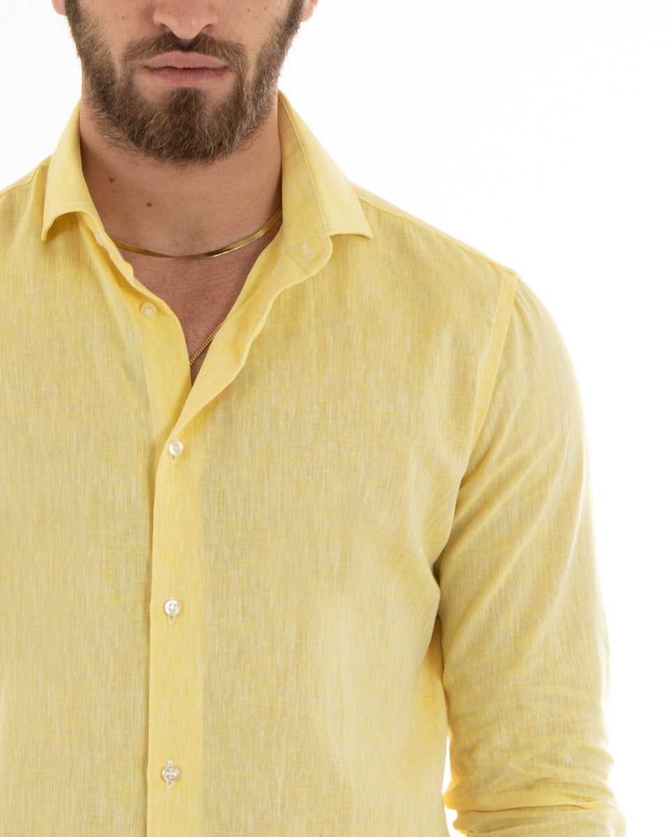 Men's Melange Linen Shirt with French Collar, Yellow Tailored C2681A
