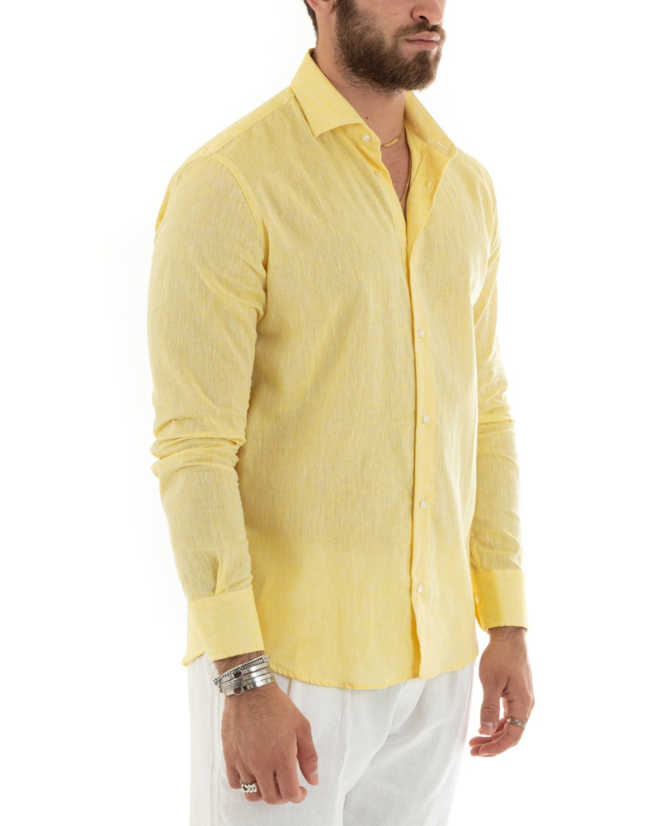 Camicia Uomo Con Colletto Francese Manica Lunga Lino Melangiata Sartoriale Giallo GIOSAL-C2681A