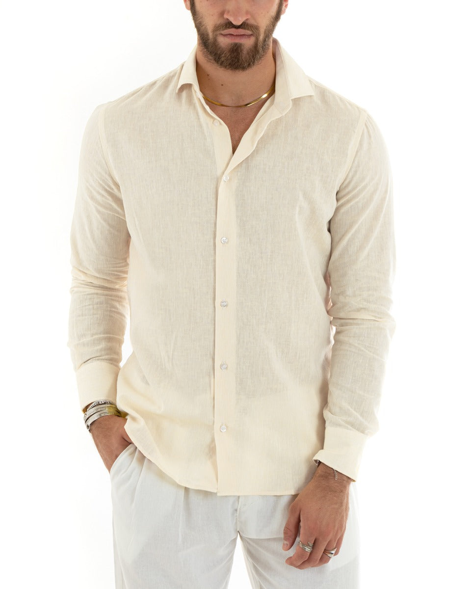 Camicia Uomo Con Colletto Francese Manica Lunga Lino Melangiata Sartoriale Beige GIOSAL-C2682A