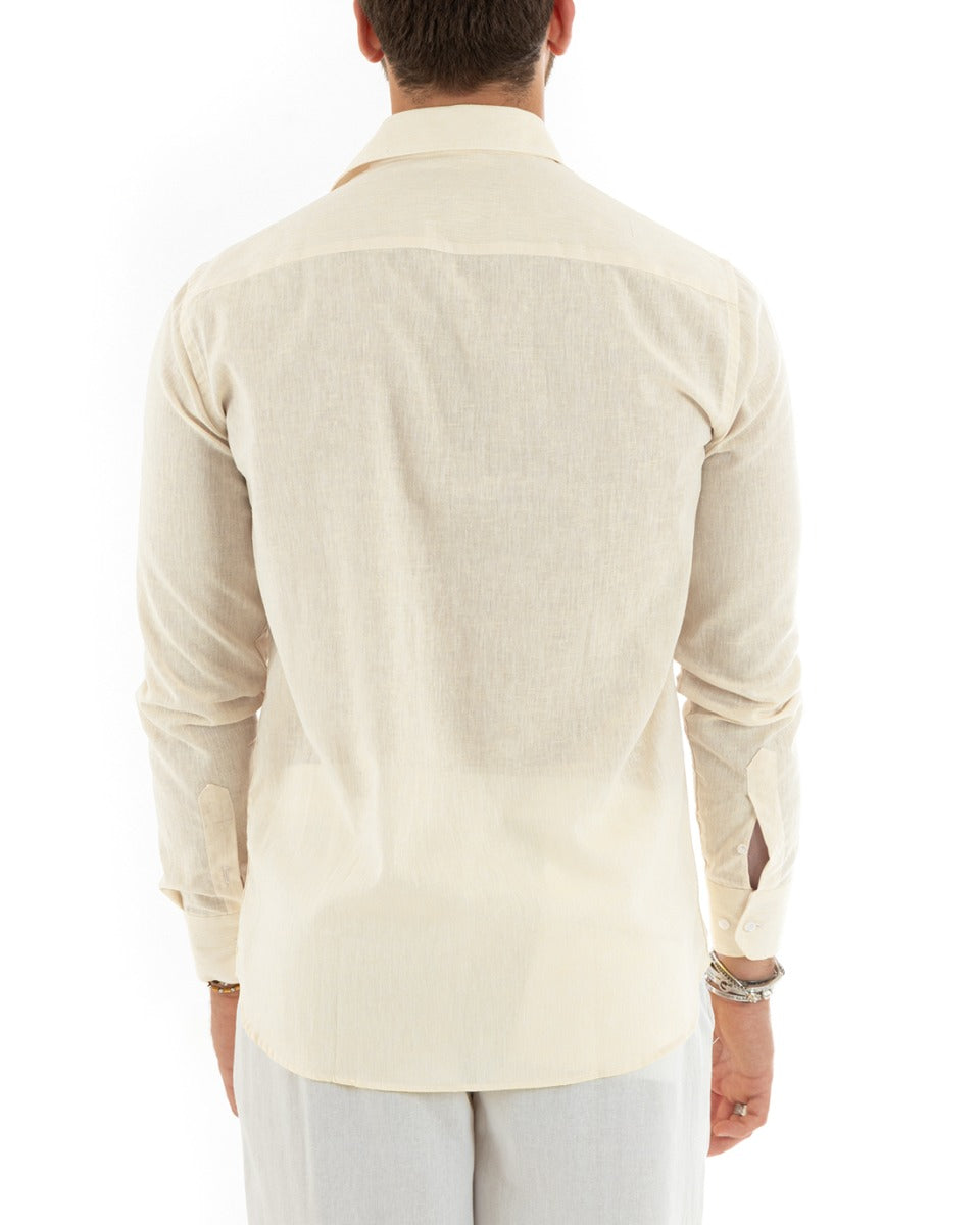 Camicia Uomo Lino Melangiata Colletto Francese Sartoriale Beige GIOSAL-C2682A