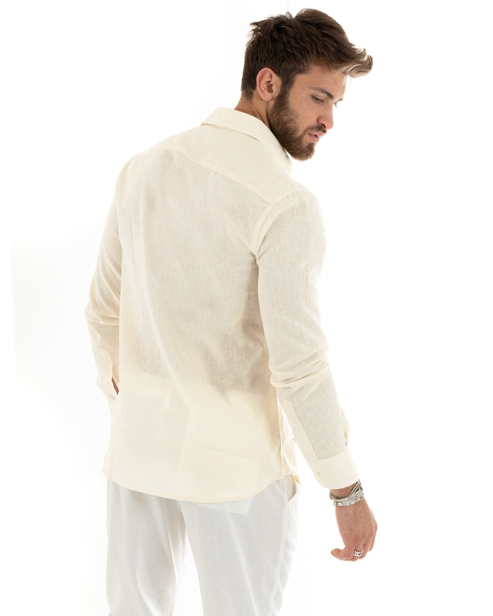 Camicia Uomo Lino Melangiata Colletto Francese Sartoriale Beige GIOSAL-C2682A
