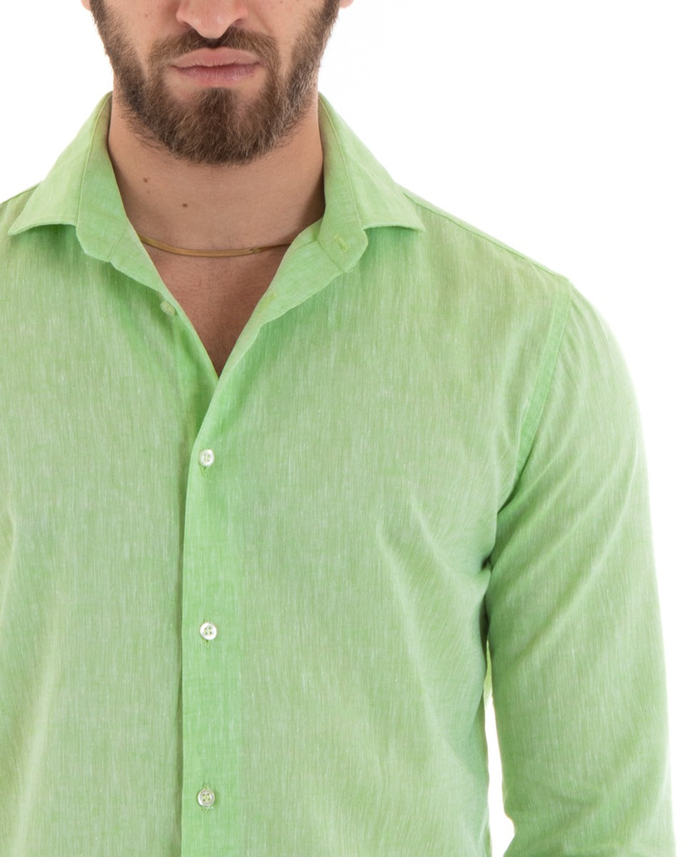 Camicia Uomo Lino Melangiata Colletto Francese Sartoriale Verde Pisello GIOSAL-C2683A
