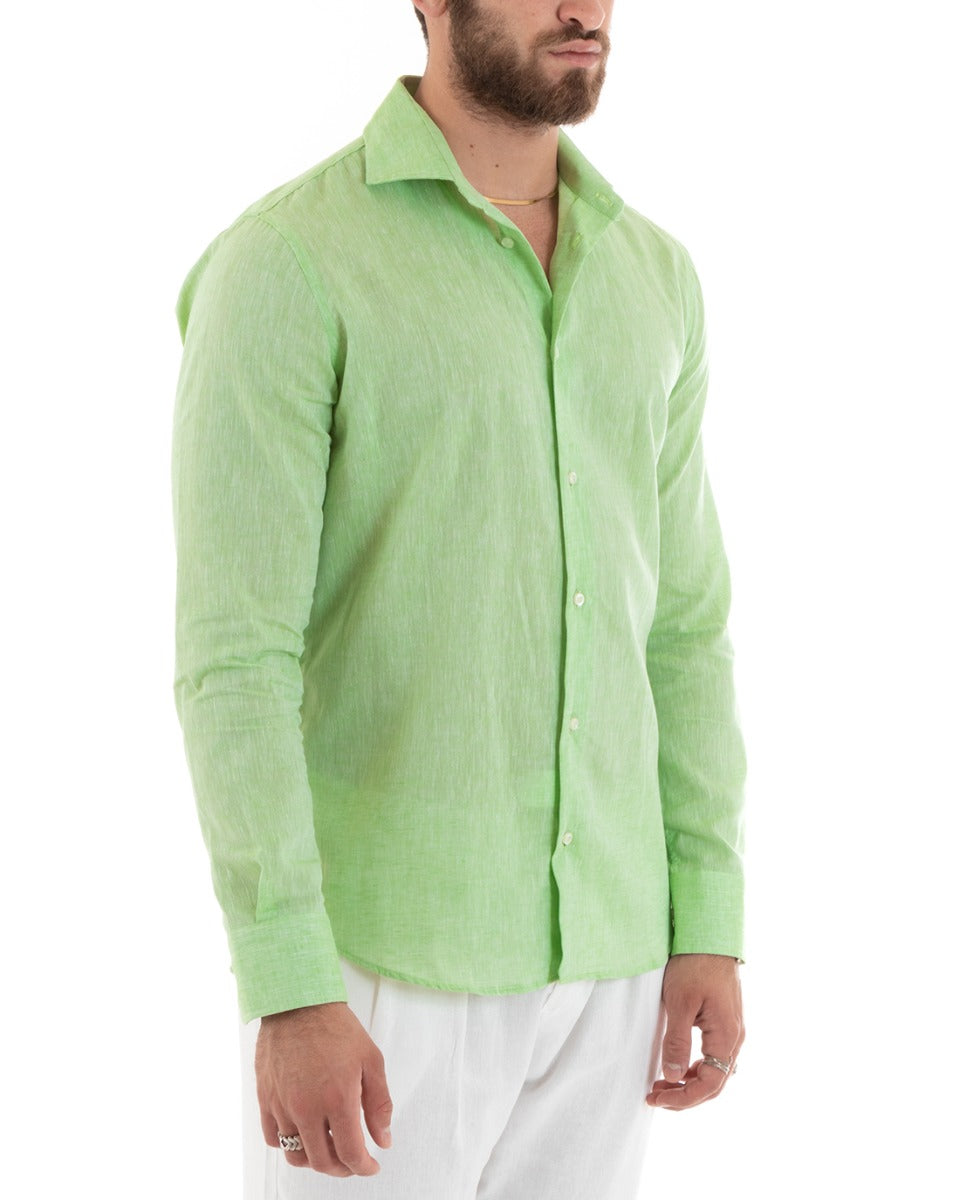 Camicia Uomo Con Colletto Francese Manica Lunga Lino Melangiata Sartoriale Verde Pisello GIOSAL-C2683A