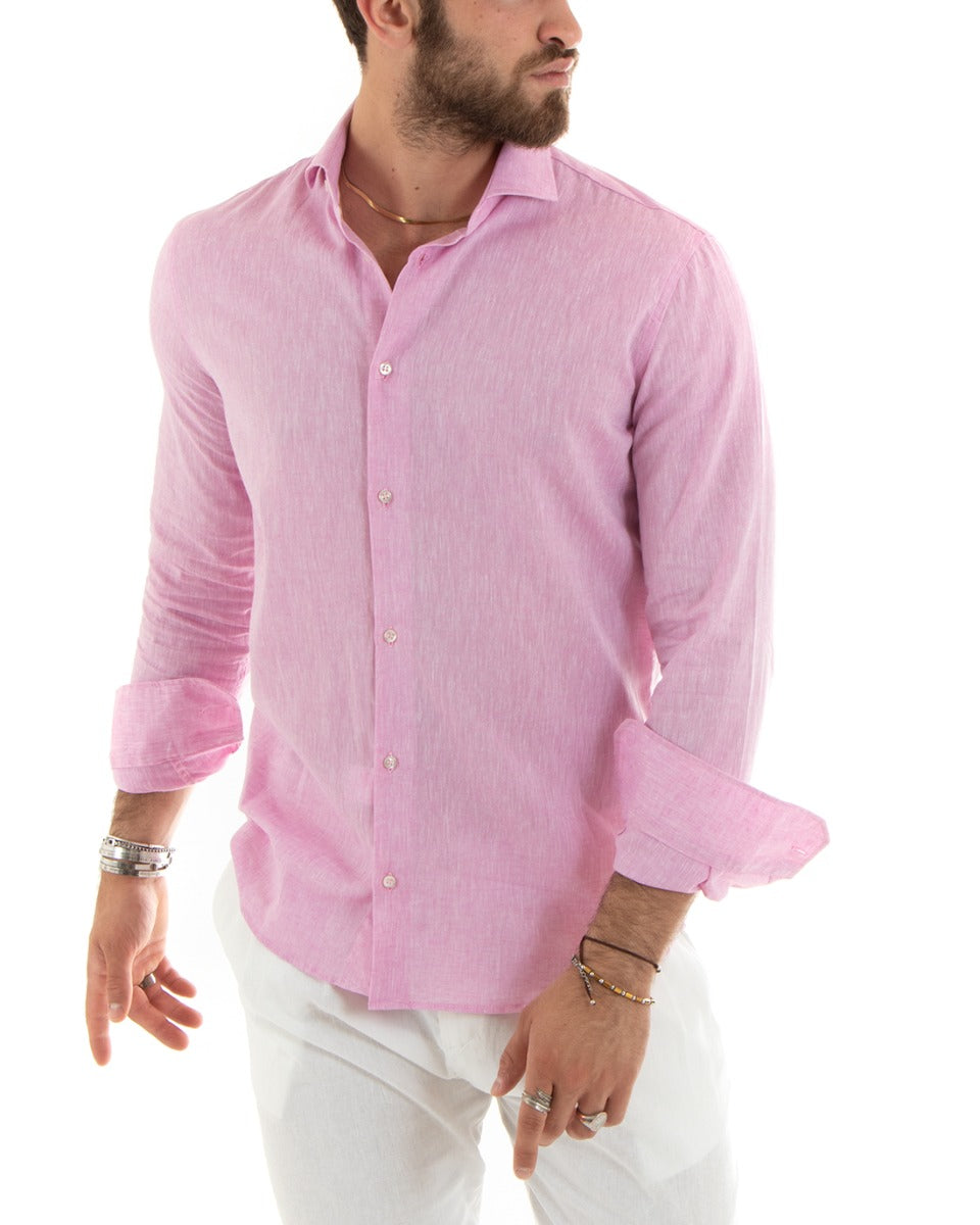 Camicia Uomo Lino Melangiata Colletto Francese Sartoriale Rosa GIOSAL-C2684A