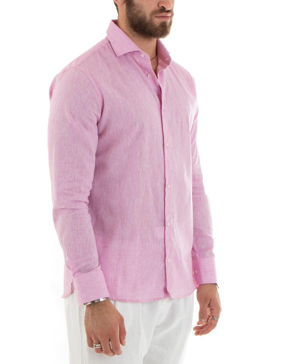 Camicia Uomo Lino Melangiata Colletto Francese Sartoriale Rosa GIOSAL-C2684A