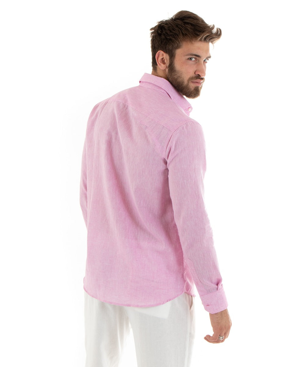 Camicia Uomo Lino Melangiata Colletto Francese Sartoriale Rosa GIOSAL-C2684A