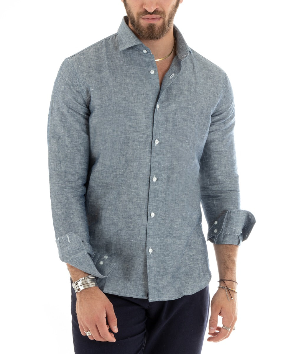 Camicia Uomo Lino Melangiata Colletto Francese Sartoriale Blu GIOSAL-C2685A