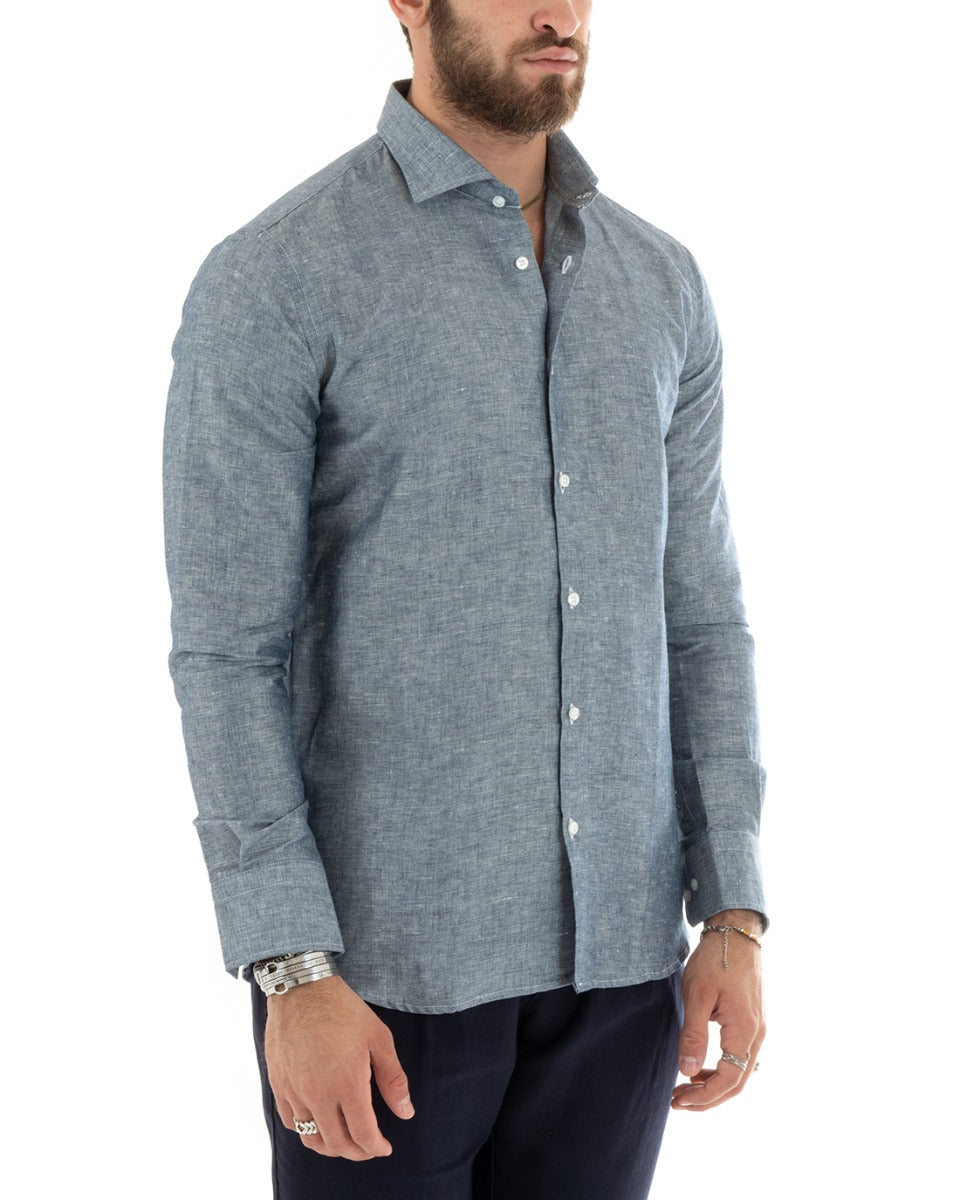 Camicia Uomo Con Colletto Francese Manica Lunga Lino Melangiata Sartoriale Blu GIOSAL-C2685A