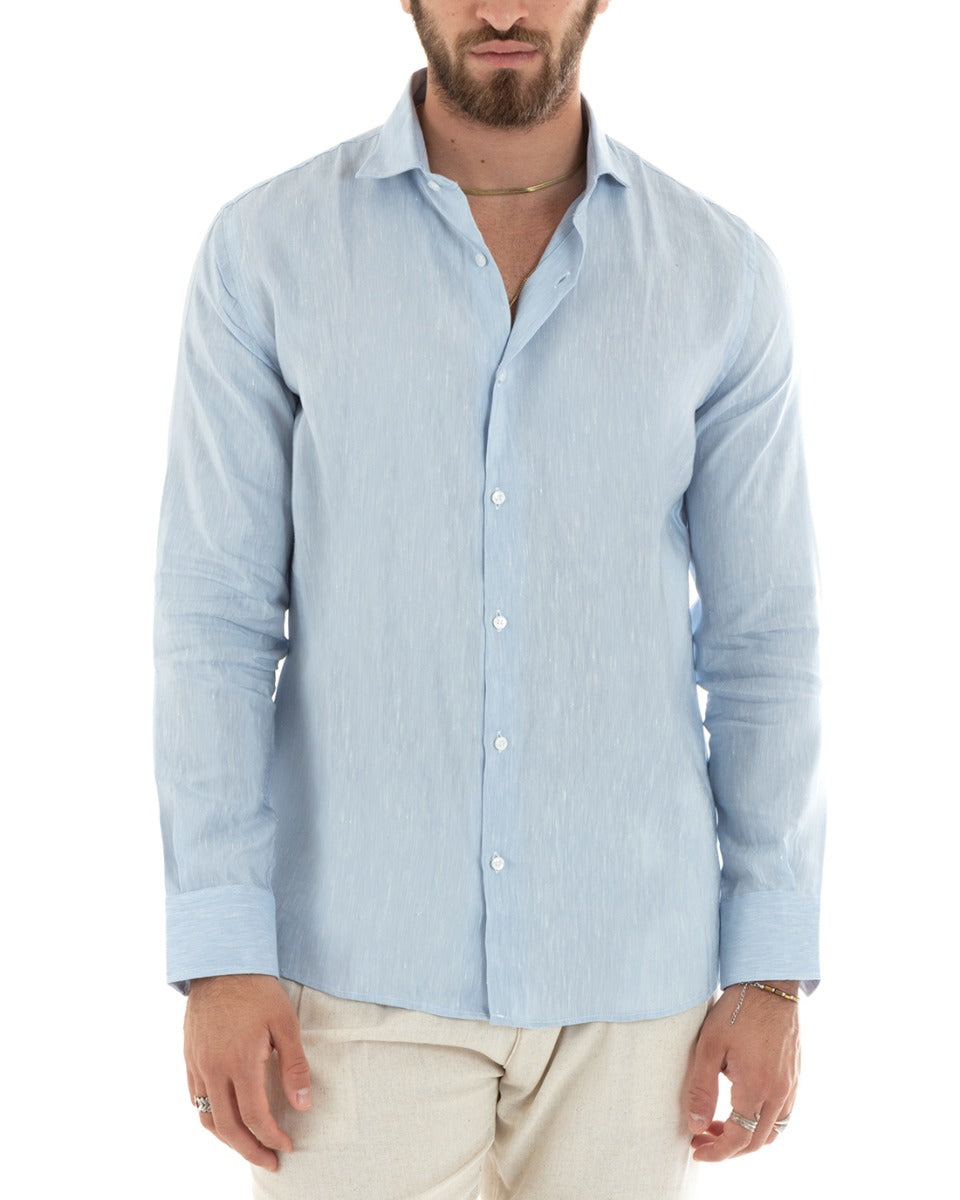 Camicia Uomo Lino Melangiata Colletto Francese Sartoriale Celeste GIOSAL-C2686A