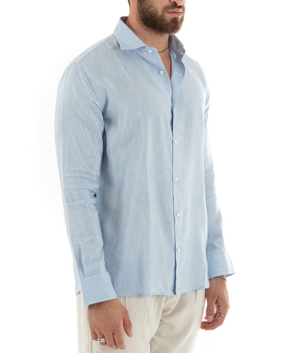 Camicia Uomo Lino Melangiata Colletto Francese Sartoriale Celeste GIOSAL-C2686A