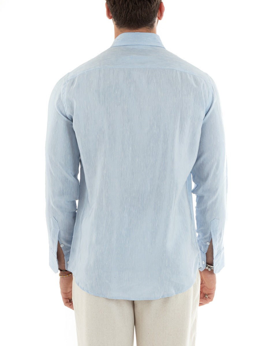 Camicia Uomo Con Colletto Francese Manica Lunga Lino Melangiata Sartoriale Celeste GIOSAL-C2686A