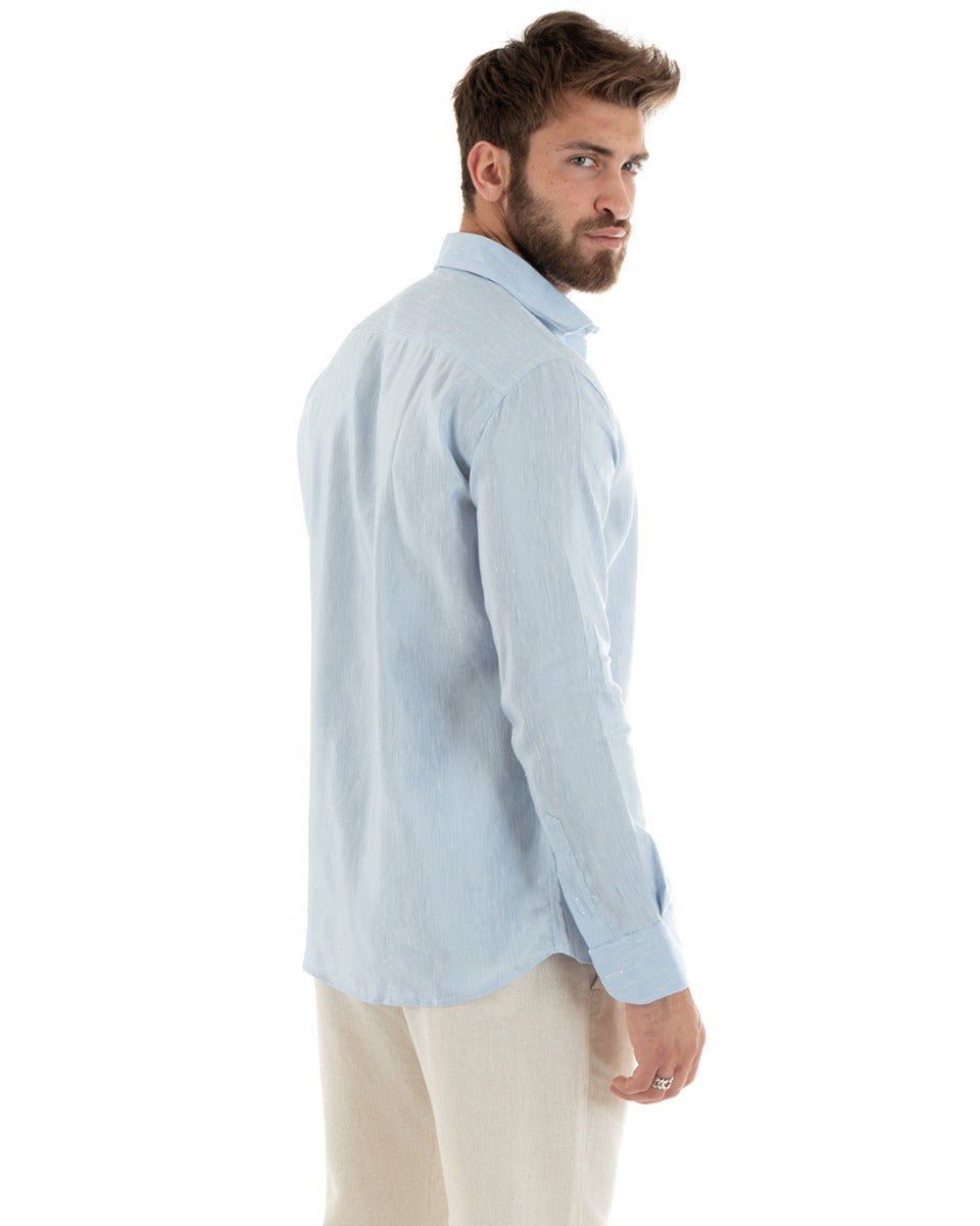 Camicia Uomo Con Colletto Francese Manica Lunga Lino Melangiata Sartoriale Celeste GIOSAL-C2686A