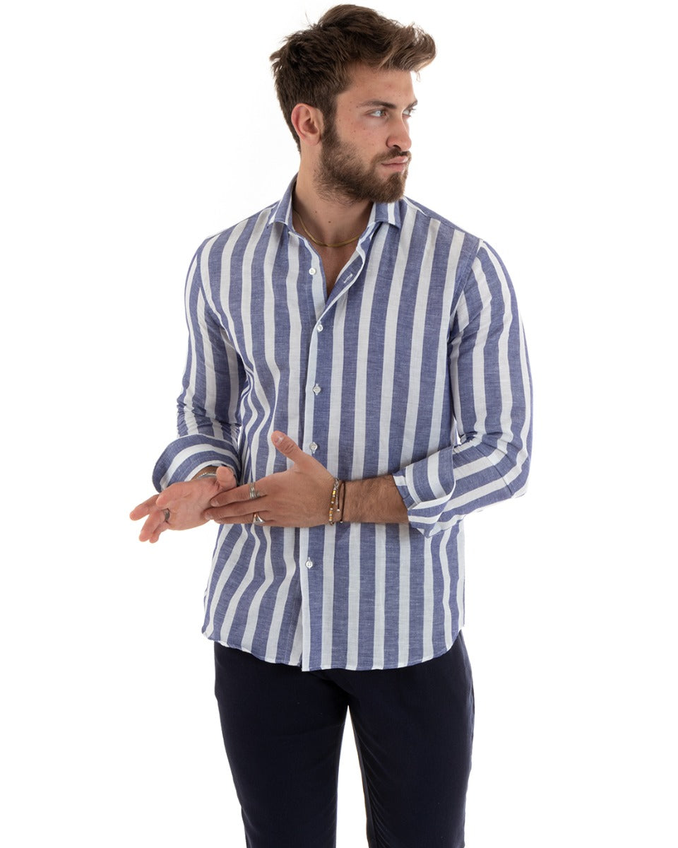Camicia Uomo Con Colletto Francese Sartoriale Manica Lunga Lino Rigata Blu GIOSAL-C2687A