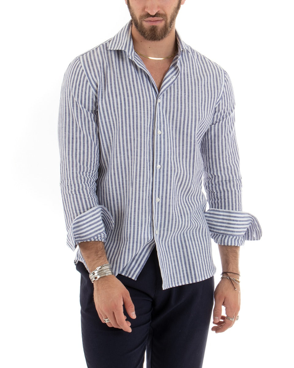 Camicia Uomo Con Colletto Francese Sartoriale Maniche Lunghe Lino Rigata Stretta Blu GIOSAL-C2688A
