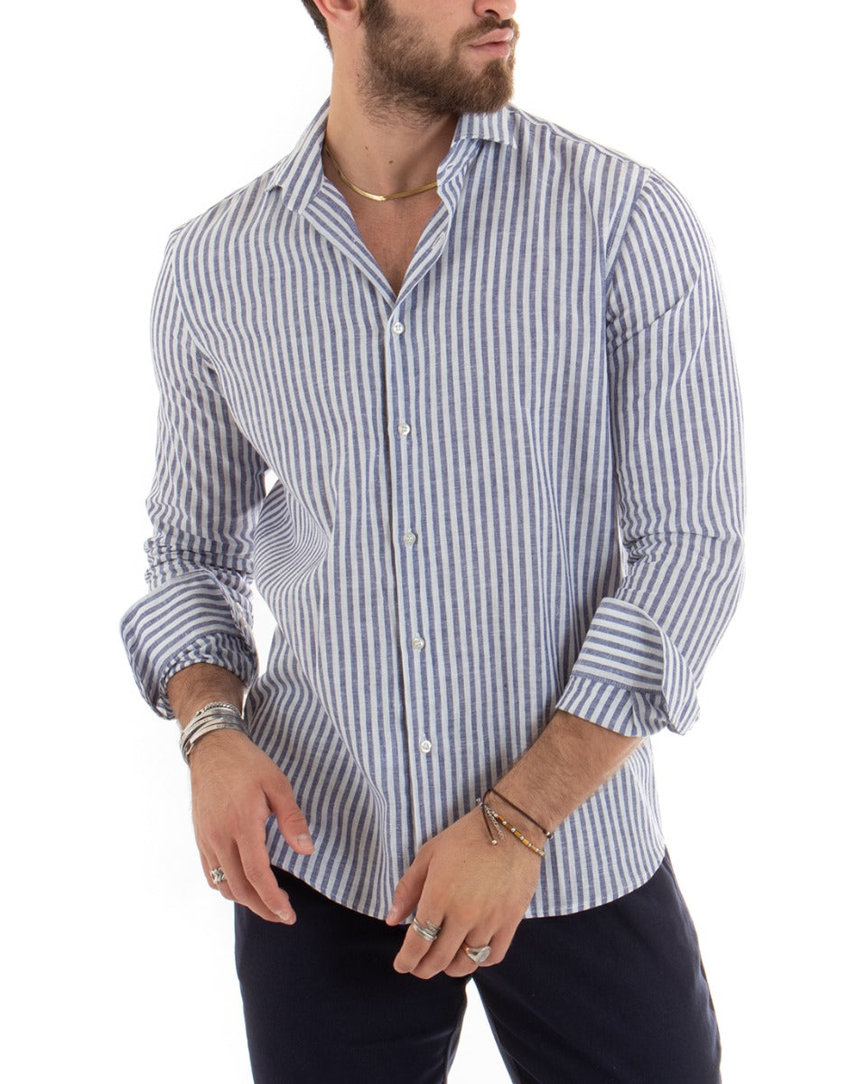 Camicia Uomo Con Colletto Francese Sartoriale Maniche Lunghe Lino Rigata Stretta Blu GIOSAL-C2688A