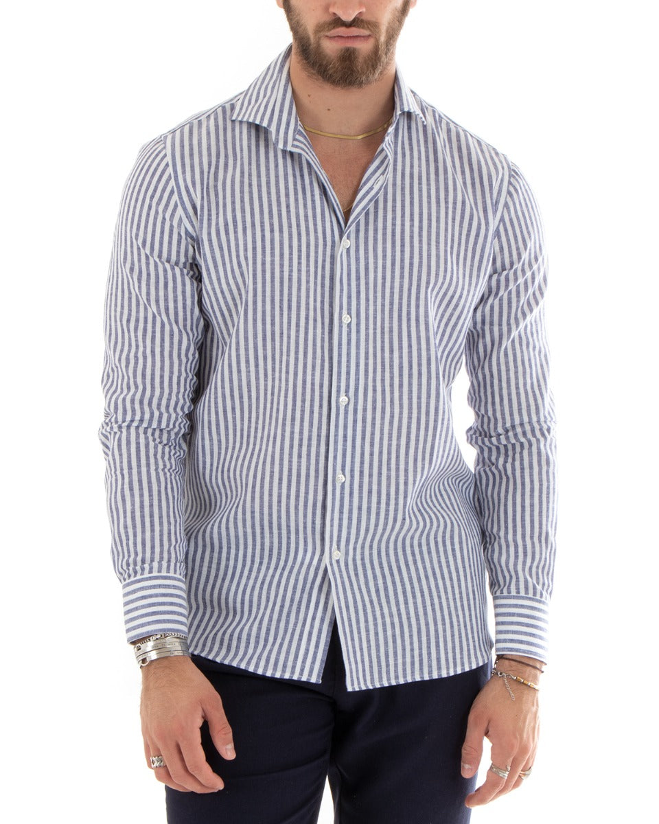 Camicia Uomo Con Colletto Francese Sartoriale Maniche Lunghe Lino Rigata Stretta Blu GIOSAL-C2688A