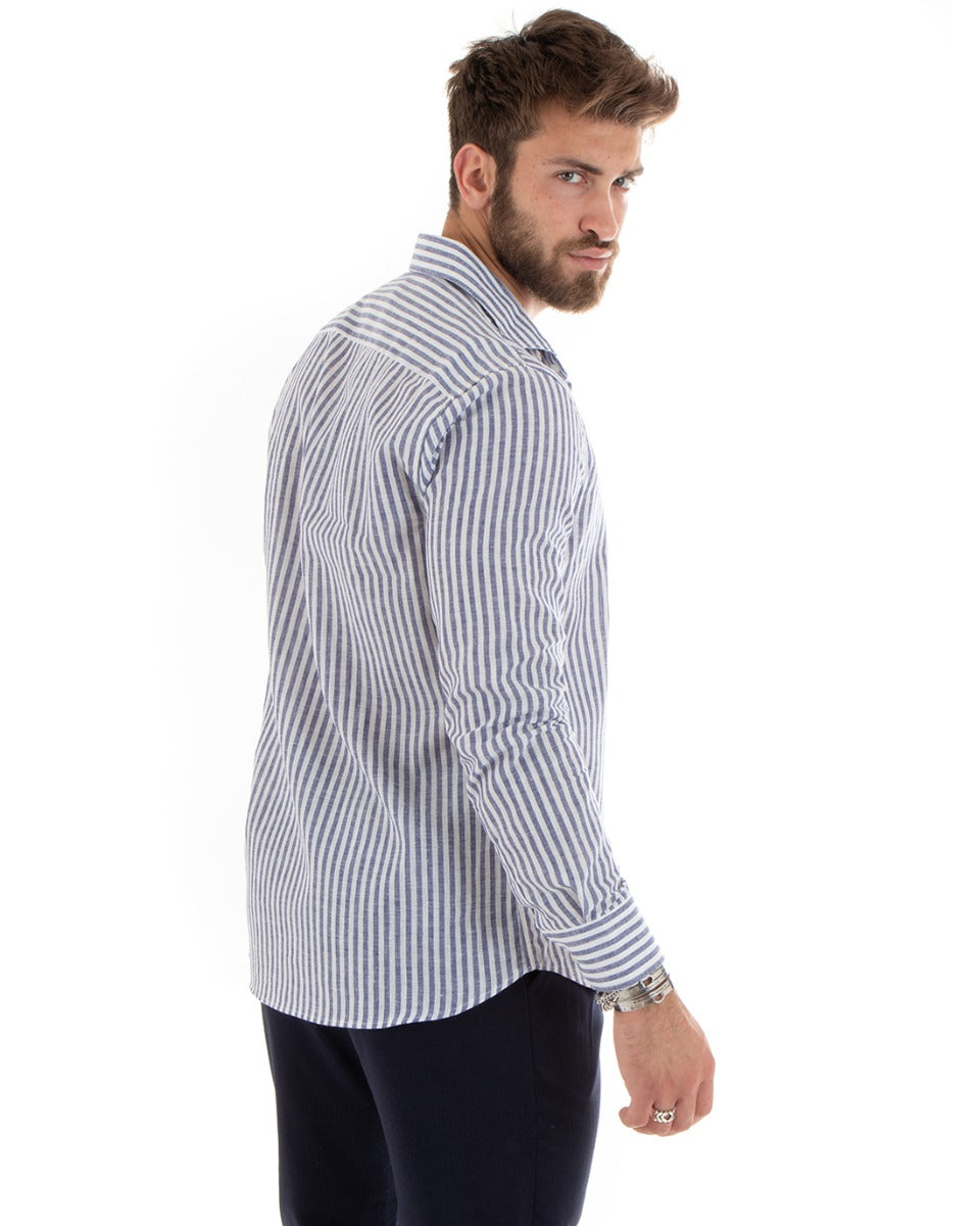 Camicia Uomo Con Colletto Francese Sartoriale Manica Lunga Lino Rigata Stretta Blu GIOSAL-C2688A