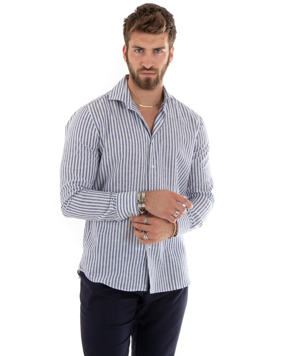 Camicia Uomo Con Colletto Francese Sartoriale Maniche Lunghe Lino Rigata Stretta Blu GIOSAL-C2688A