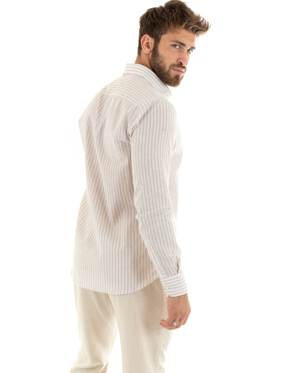 Camicia Uomo Con Colletto Francese Sartoriale Manica Lunga Lino Rigata Stretta Beige GIOSAL-C2689A