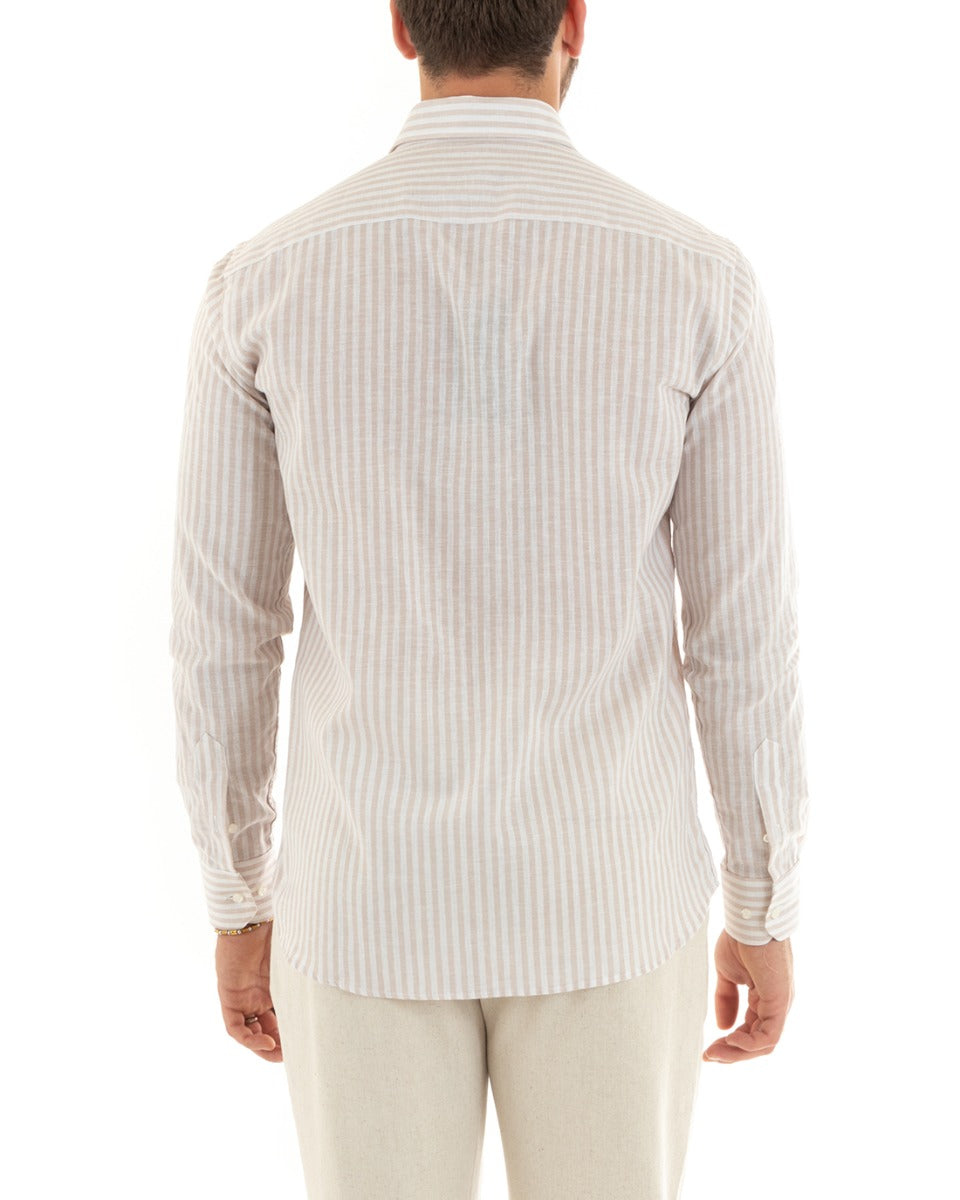 Camicia Uomo Con Colletto Francese Sartoriale Maniche Lunghe Lino Rigata Stretta Beige GIOSAL-C2689A