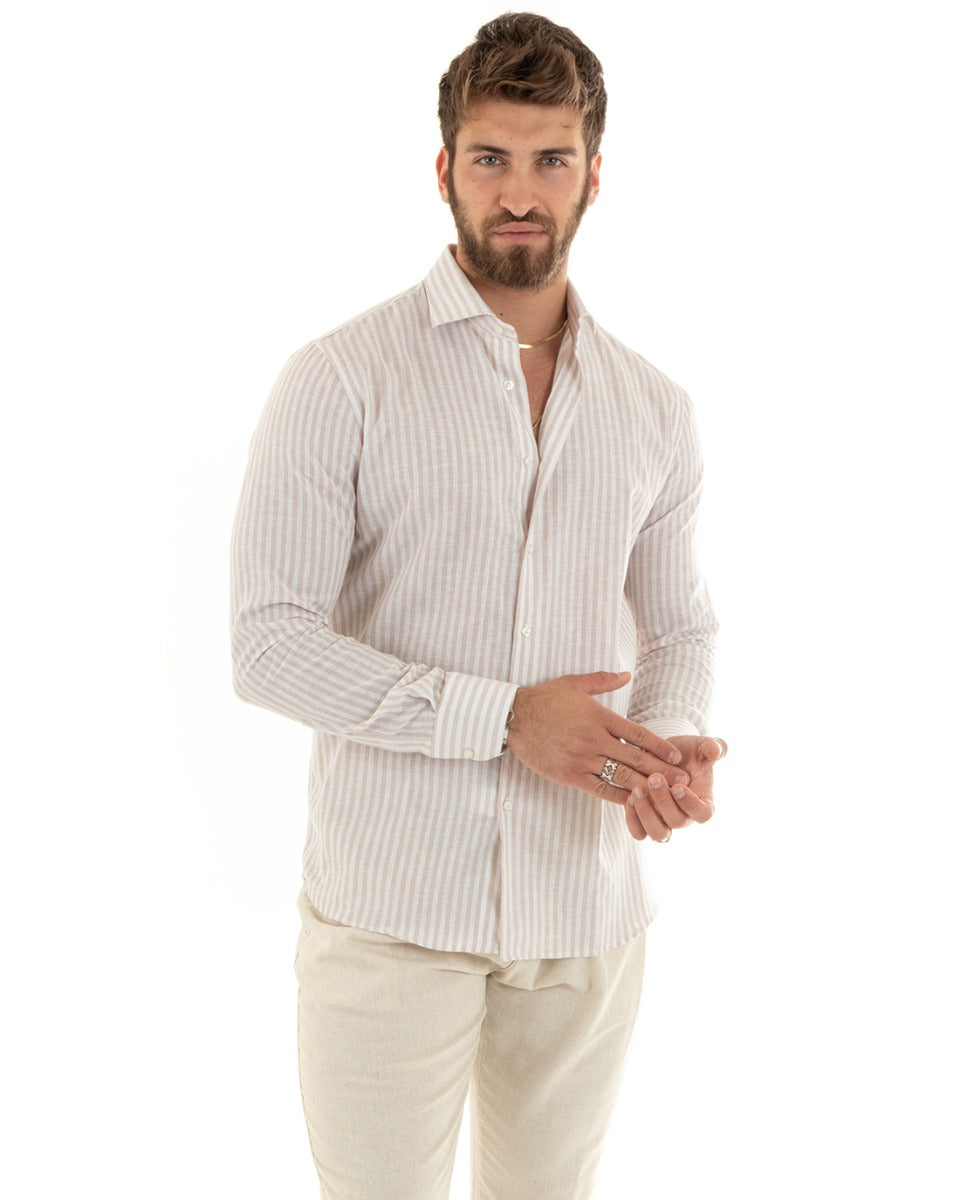 Camicia Uomo Con Colletto Francese Sartoriale Maniche Lunghe Lino Rigata Stretta Beige GIOSAL-C2689A