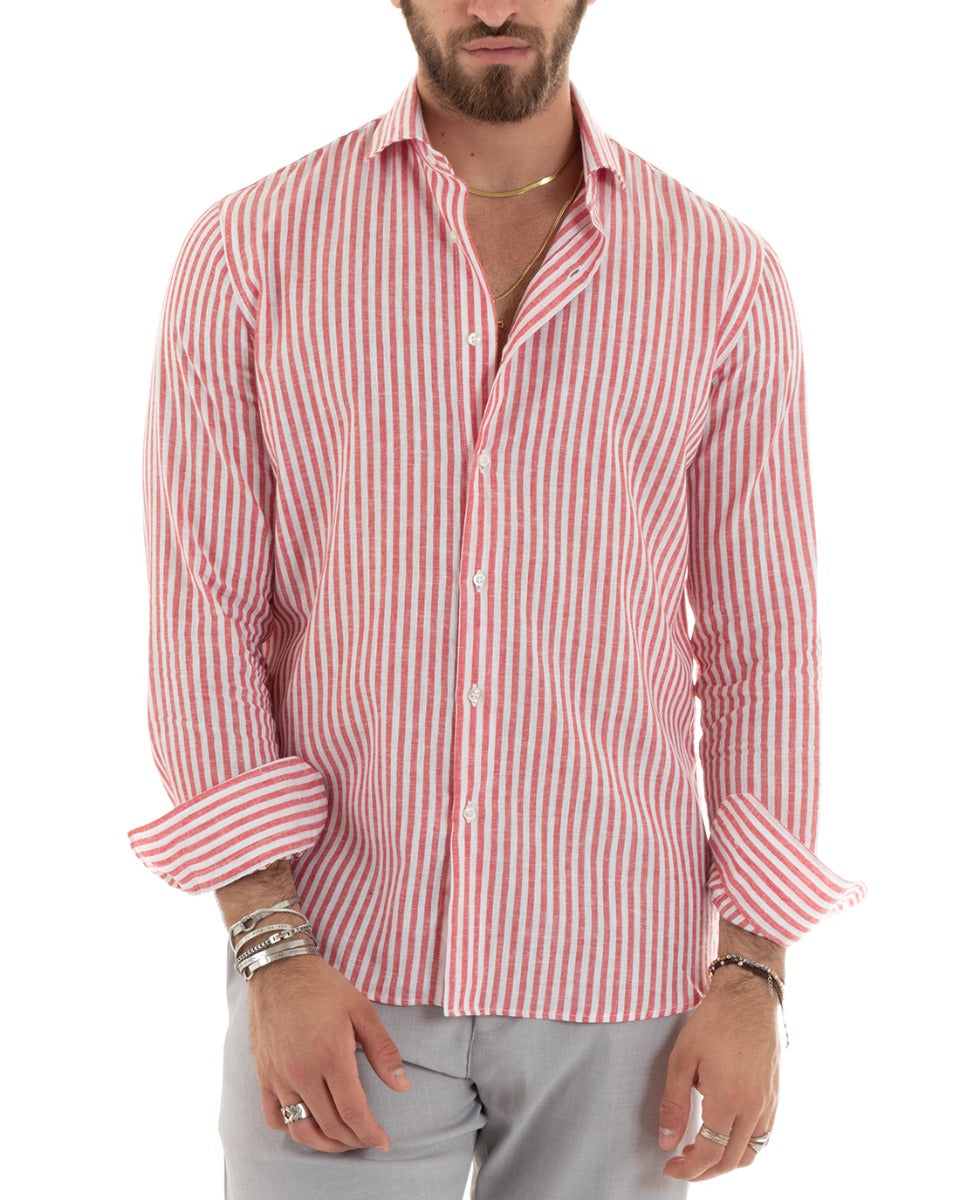 Camicia Uomo Con Colletto Francese Sartoriale Manica Lunga Lino Rigata Stretta Rosso GIOSAL-C2690A