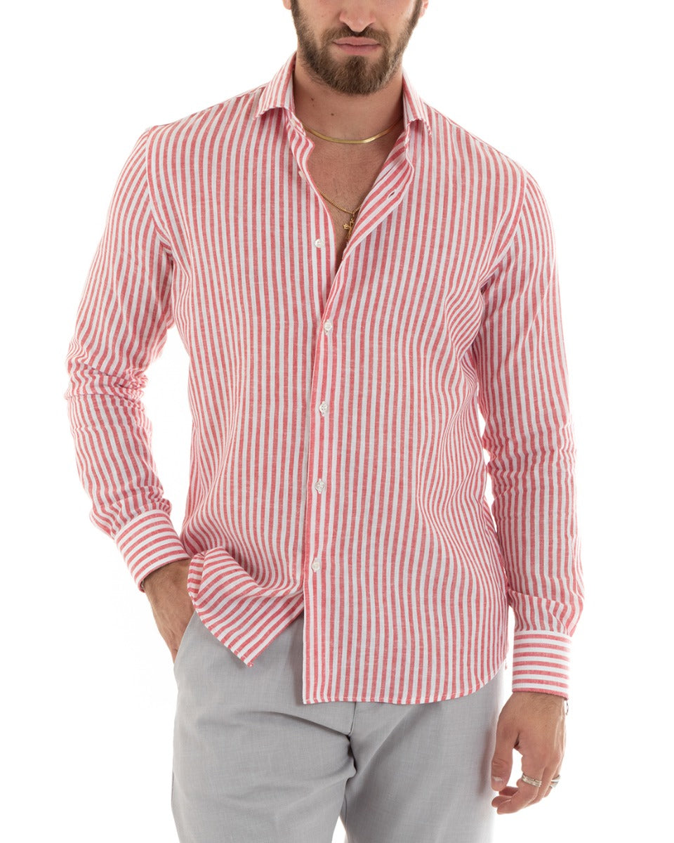 Camicia Uomo Con Colletto Francese Sartoriale Maniche Lunghe Lino Rigata Stretta Rosso GIOSAL-C2690A