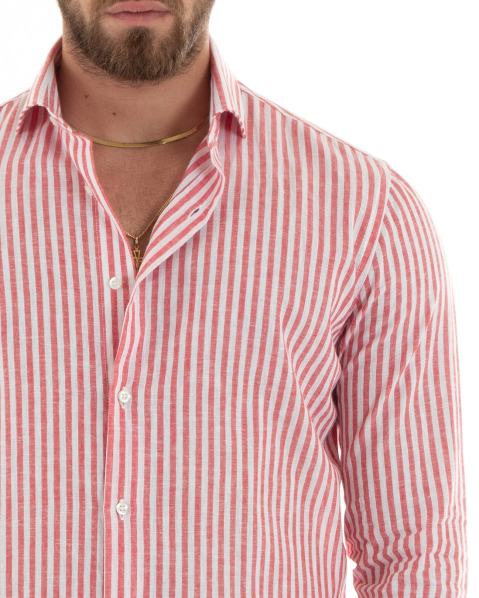 Camicia Uomo Con Colletto Francese Sartoriale Maniche Lunghe Lino Rigata Stretta Rosso GIOSAL-C2690A