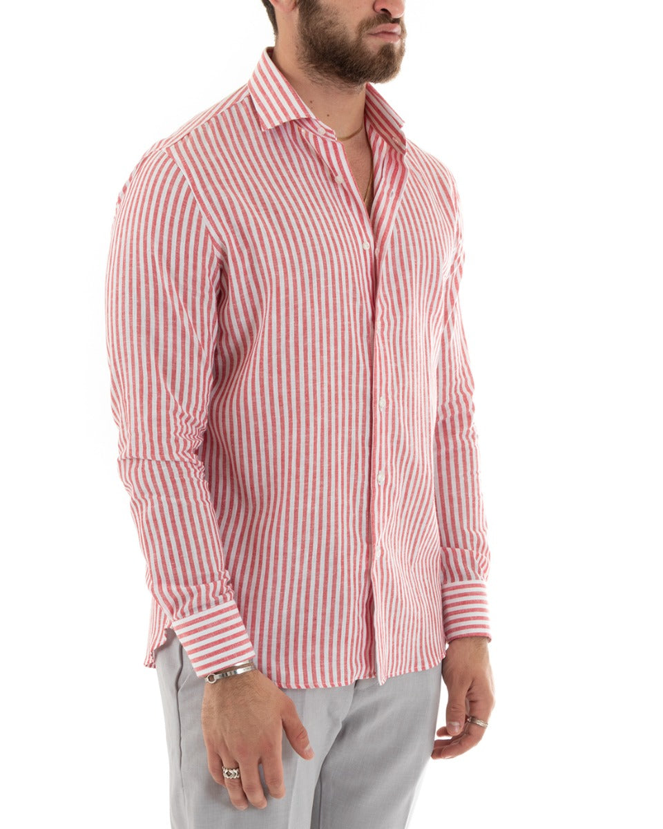 Camicia Uomo Con Colletto Francese Sartoriale Maniche Lunghe Lino Rigata Stretta Rosso GIOSAL-C2690A