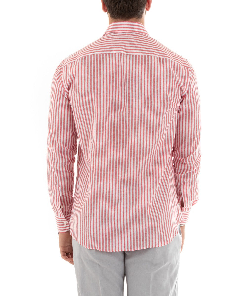 Camicia Uomo Con Colletto Francese Sartoriale Maniche Lunghe Lino Rigata Stretta Rosso GIOSAL-C2690A