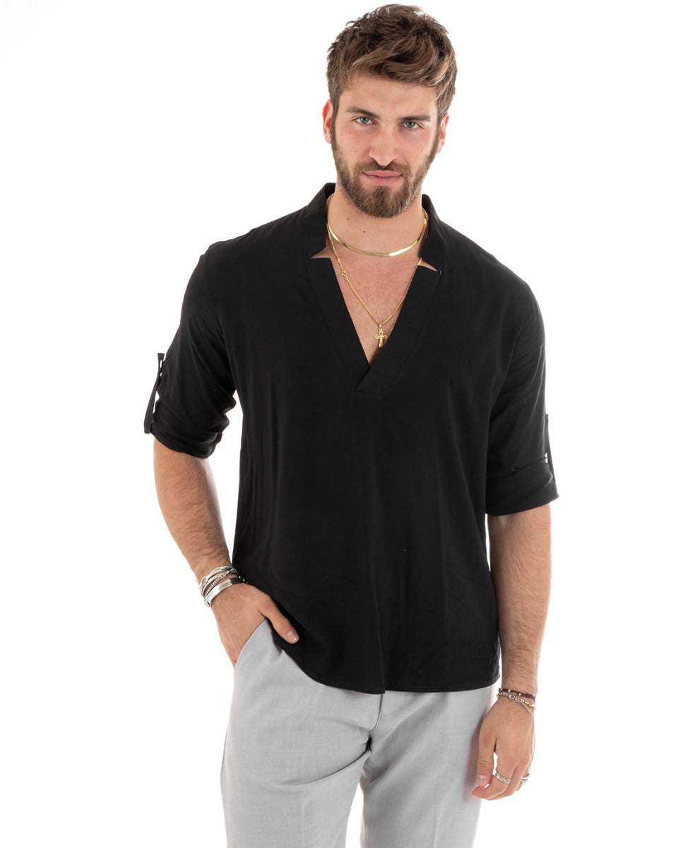 Camicia Uomo Collo V Maniche Lunghe Viscosa Morbida Leggera Nero GIOSAL-C2694A