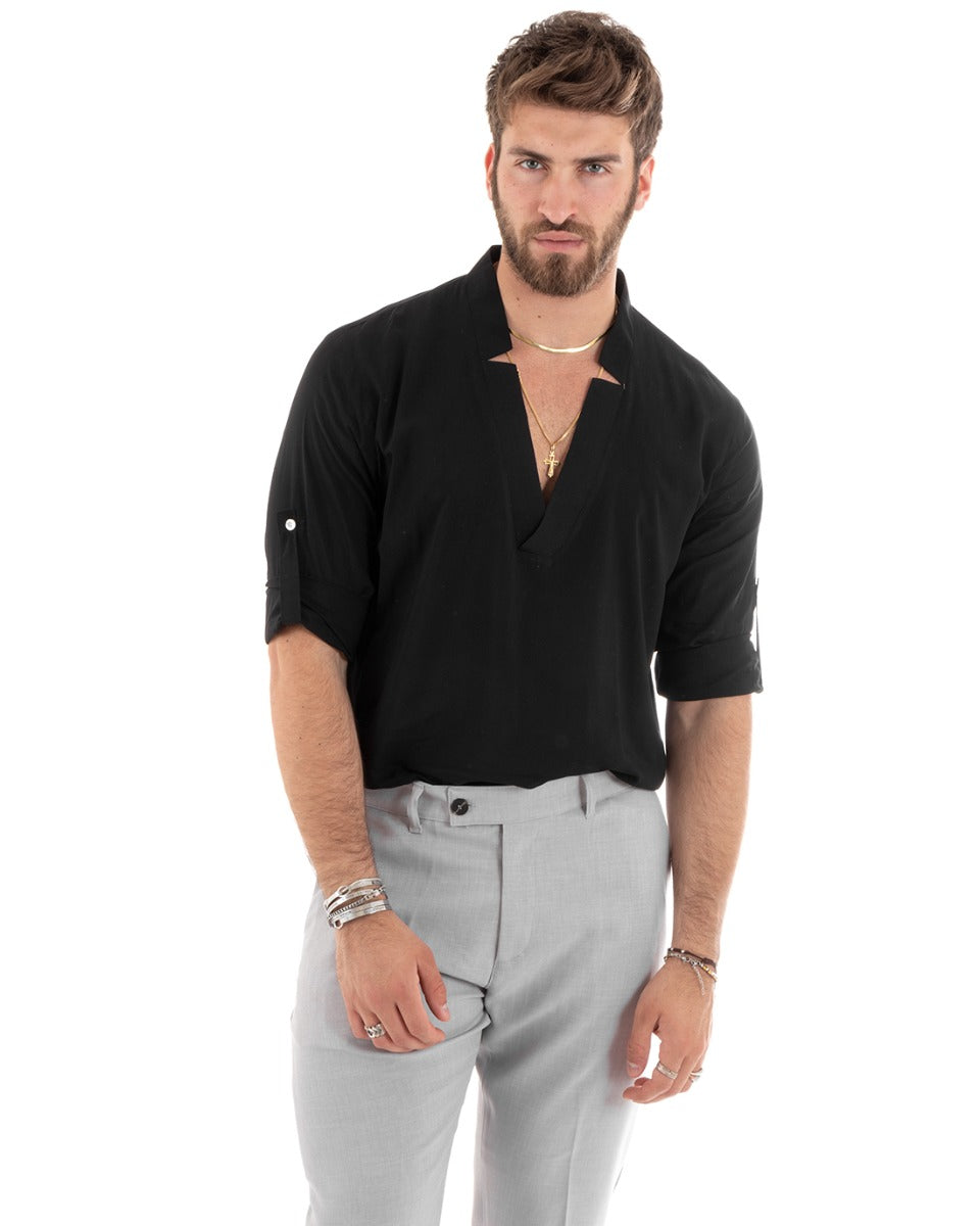 Camicia Uomo Collo V Maniche Lunghe Viscosa Morbida Leggera Nero GIOSAL-C2694A