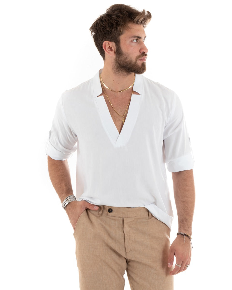 Camicia Uomo Collo V Maniche Lunghe Viscosa Morbida Leggera Bianco GIOSAL-C2695A