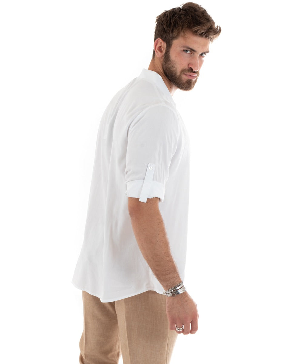 Camicia Uomo Collo V Maniche Lunghe Viscosa Morbida Leggera Bianco GIOSAL-C2695A