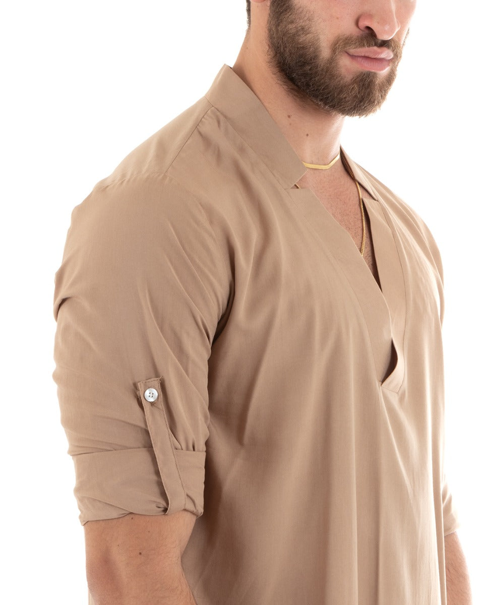 Camicia Uomo Collo V Manica Lunga Viscosa Morbida Leggera Camel GIOSAL-C2697A