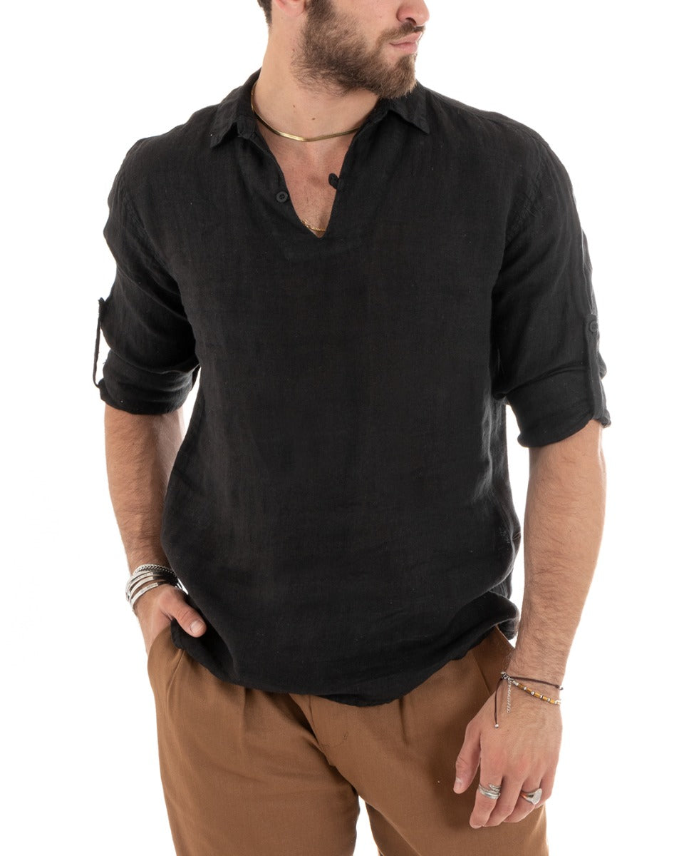 Camicia Uomo Serafino Collo V Manica Lunga Casacca Lino Morbida Leggera Nero GIOSAL-C2701A