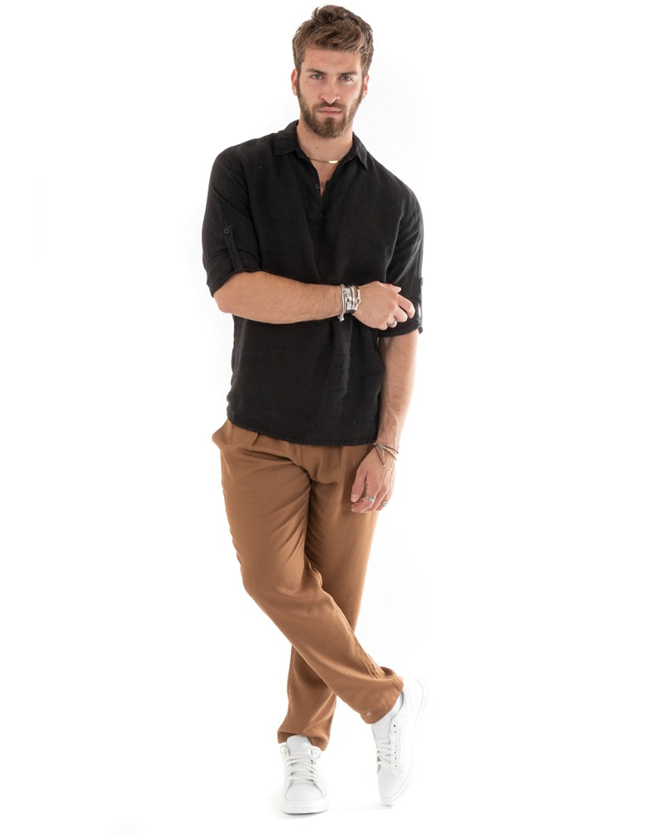 Camicia Uomo Serafino Collo V Manica Lunga Casacca Lino Morbida Leggera Nero GIOSAL-C2701A
