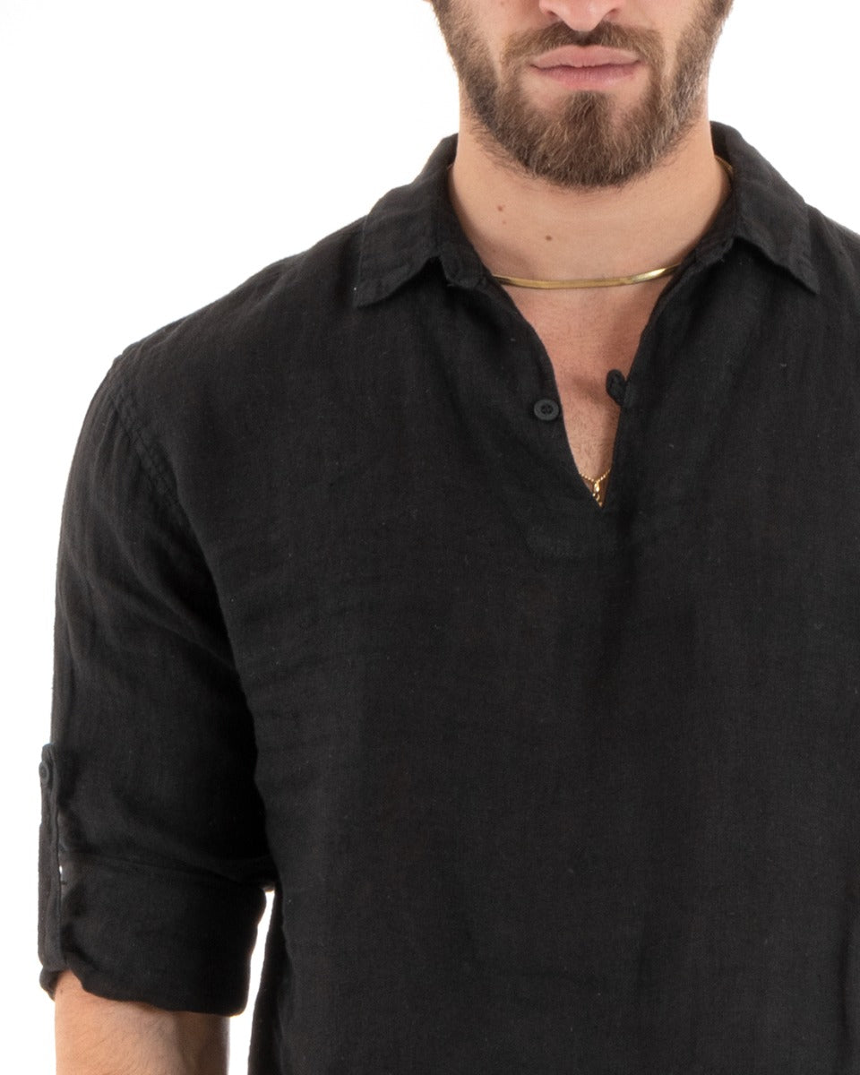 Camicia Uomo Serafino Collo V Manica Lunga Casacca Lino Morbida Leggera Nero GIOSAL-C2701A