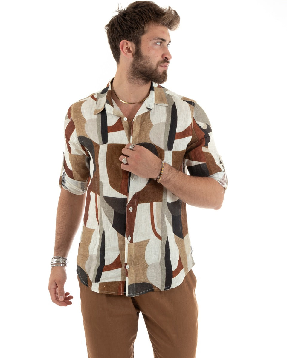 Camicia Uomo Con Colletto Manica Lunga Lino Morbida Leggera Fantasia GIOSAL-C2703A