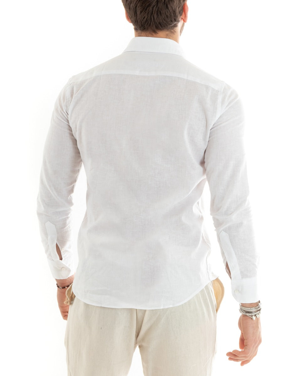 Camicia Uomo Lino Collo Francese Casual Sartoriale Tinta Unita Bianco GIOSAL-C2711A