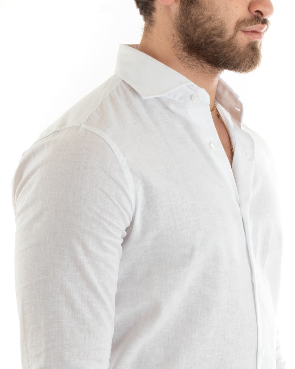 Camicia Uomo Lino Collo Francese Casual Sartoriale Tinta Unita Bianco GIOSAL-C2711A