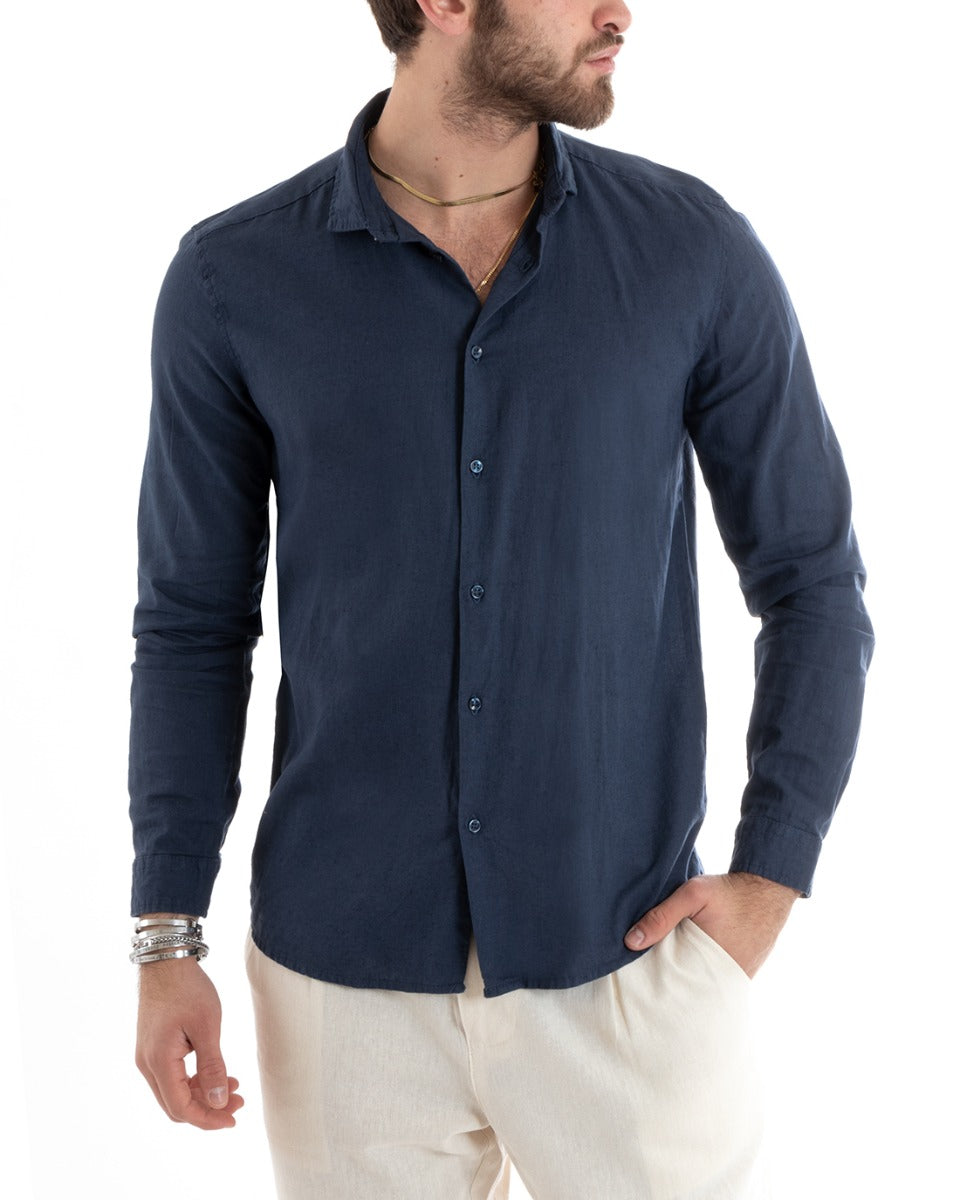 Camicia Uomo Con Colletto Tinta Unita Blu Lino Manica Lunga Casual Sartoriale GIOSAL-C2712A