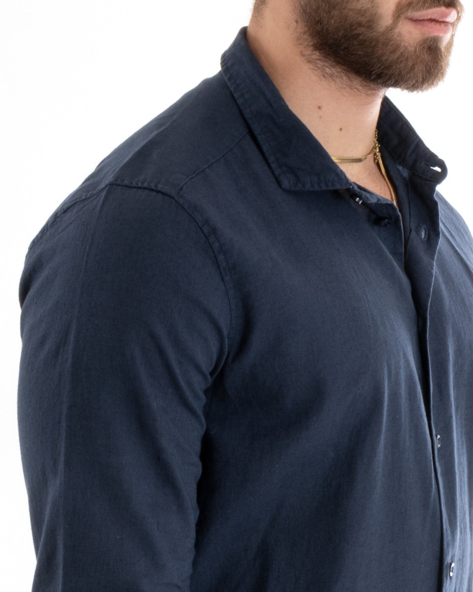 Camicia Uomo Con Colletto Tinta Unita Blu Lino Manica Lunga Casual Sartoriale GIOSAL-C2712A